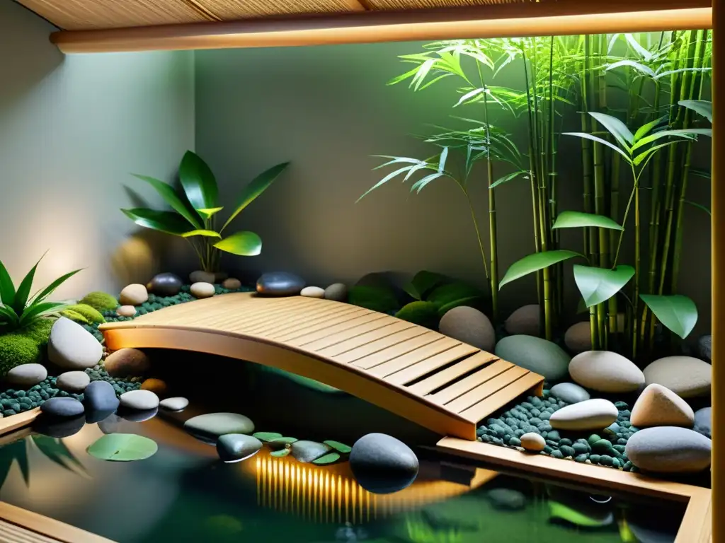 Un jardín acuático zen interior sereno con un pequeño puente de madera sobre aguas tranquilas, rodeado de exuberante vegetación y suaves piedras, con la luz suave filtrándose a través de las hojas de bambú, creando una atmósfera tranquila y pacífica