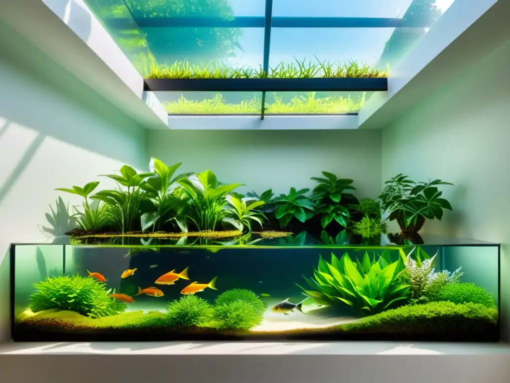 Jardín acuático interior sereno con plantas flotantes y peces, evocando calma