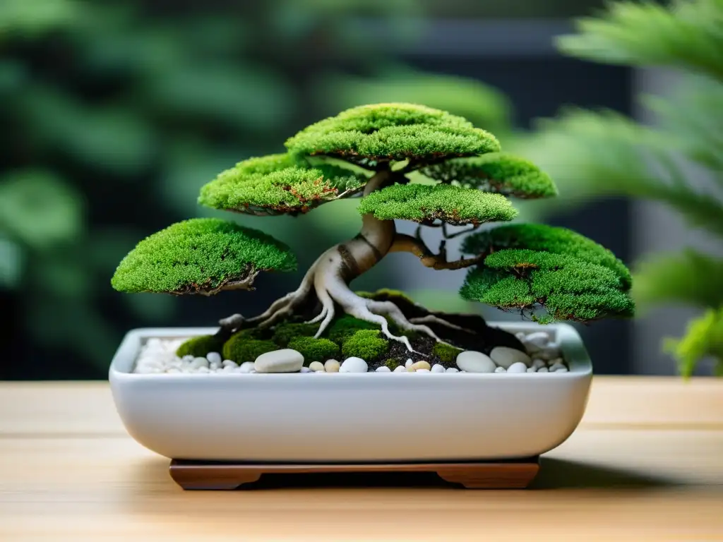 Un sereno minijardín con rocas, musgo y un bonsái en maceta, brindando calma y beneficios de bienestar emocional