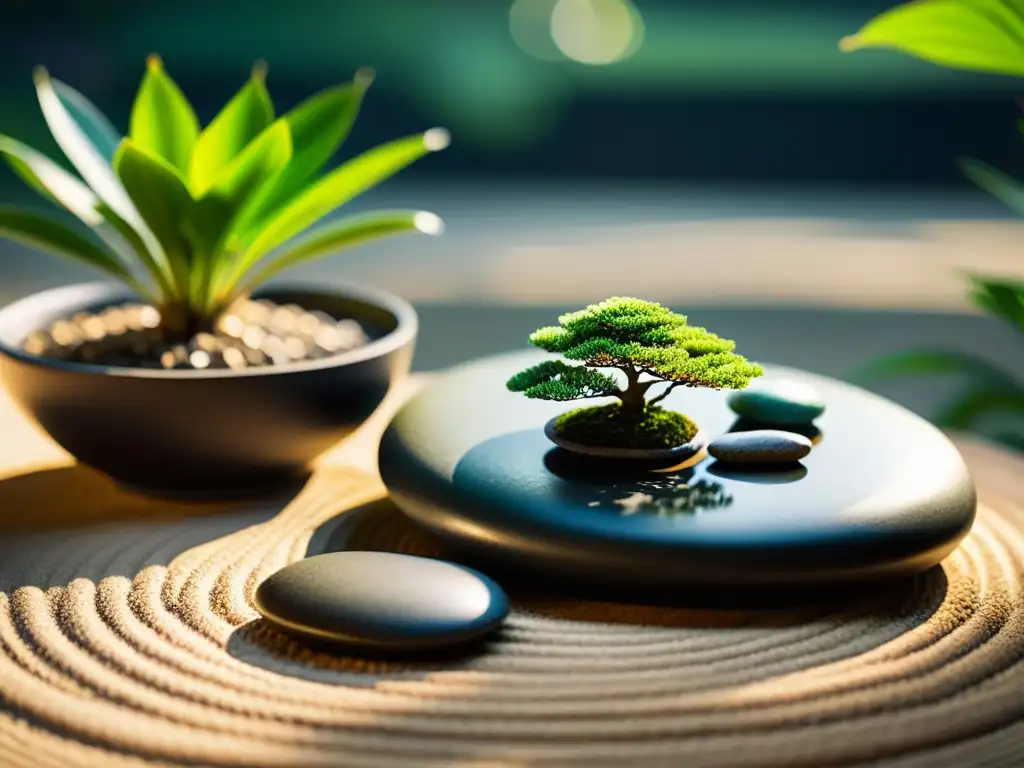 Un jardín Zen sereno con rocas, bonsái, agua y vegetación exuberante