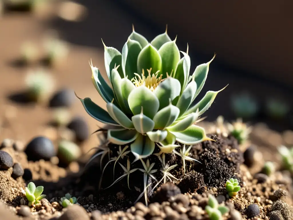 Siembra de semillas de cactus exóticos: joven plantita emergiendo de la tierra con delicadas raíces blancas y hojas verdes