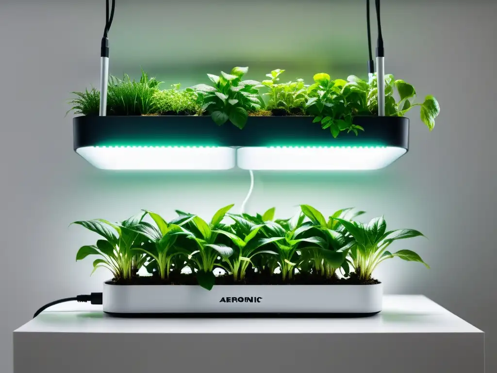 Un sistema aeropónico para plantas de interior: diseño sofisticado e innovador, con raíces verdes vibrantes y nebulizadores nutrientes