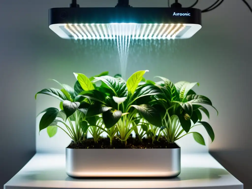 Sistema aeropónico para plantas de interior, elegante y futurista, con raíces suspendidas en neblina y luces LED brillantes