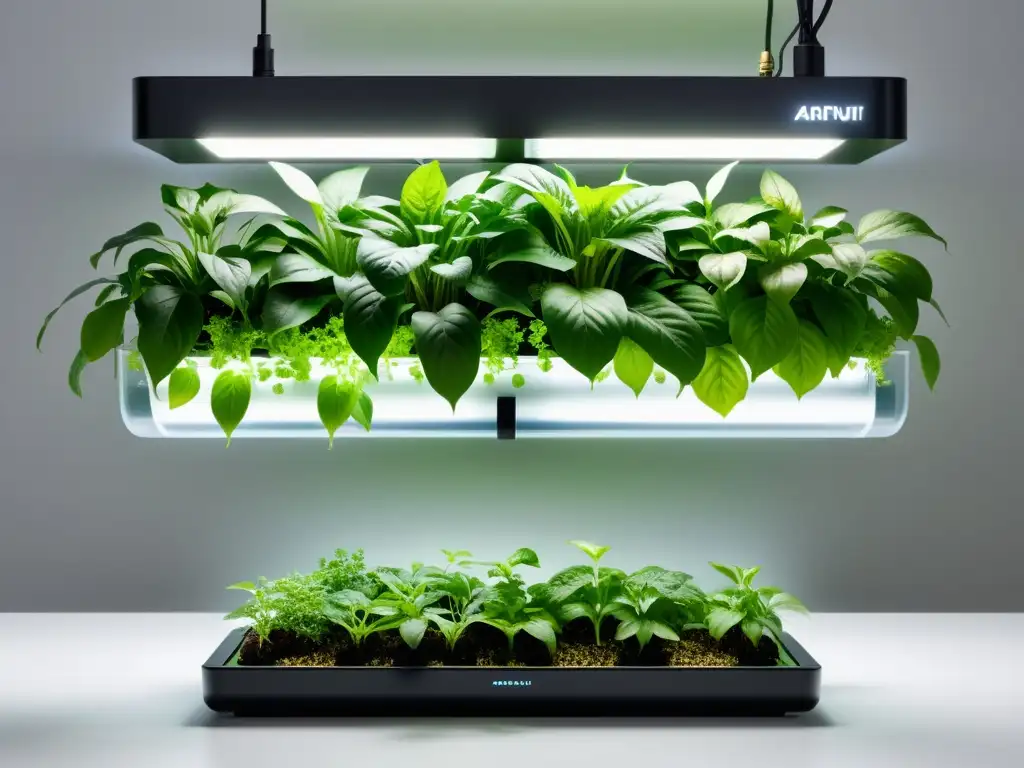 Sistema aeropónico para plantas de interior con diseño minimalista y plantas vibrantes enraizadas en niebla nutriente