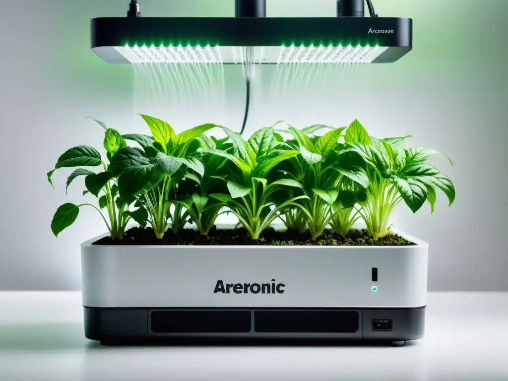 Un sistema aeropónico para plantas de interior con diseño moderno y elegante, destacando la sofisticación y precisión