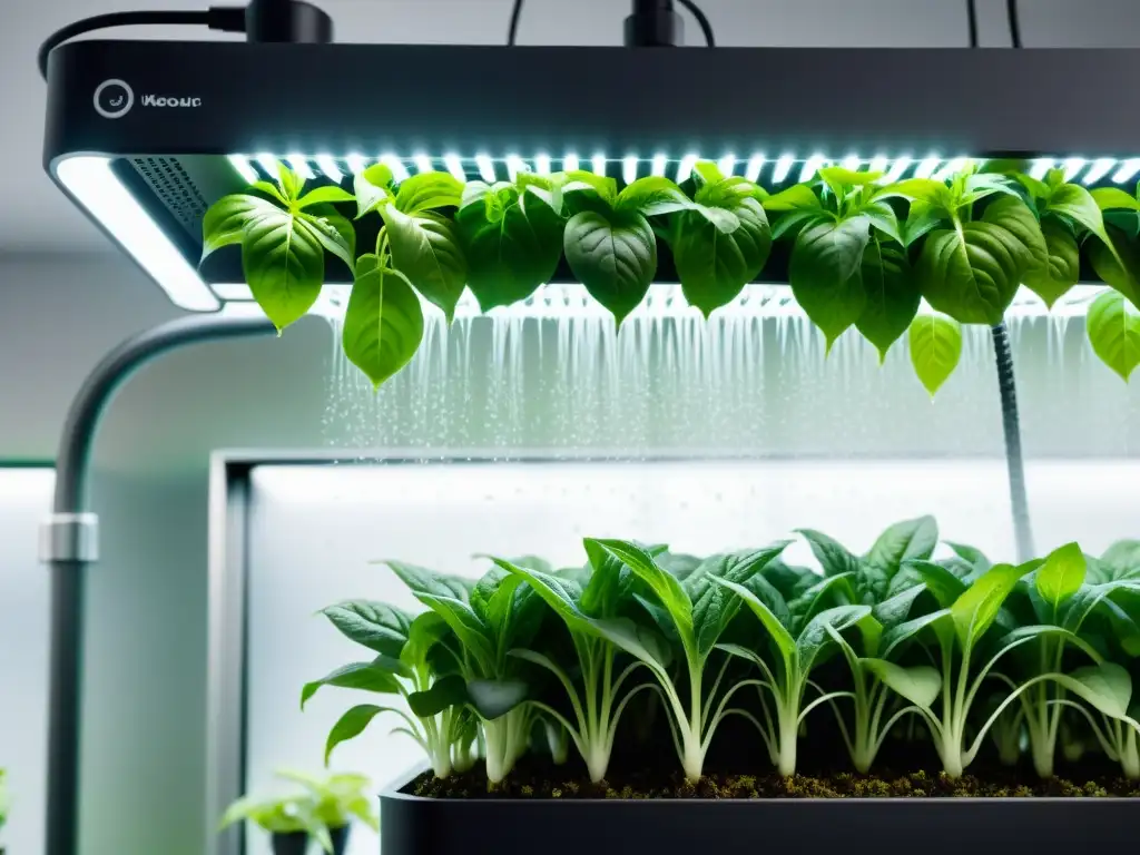 Sistema aeropónico para plantas de interior: detallada imagen de alta resolución, con raíces verdes vibrantes suspendidas en el aire