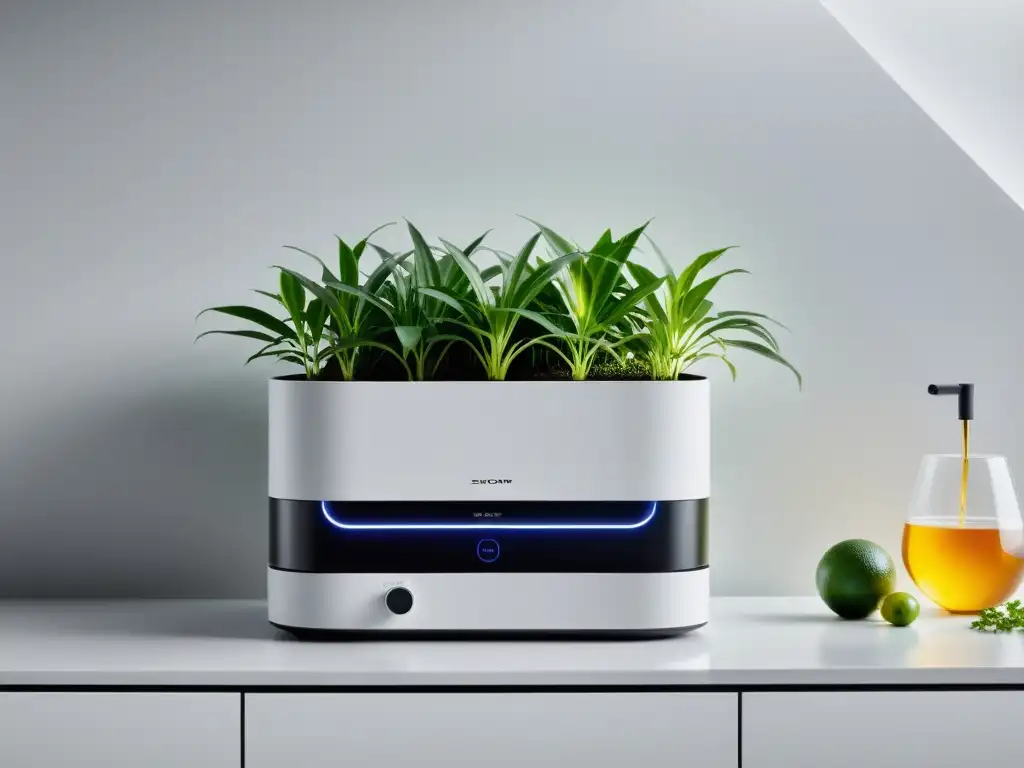 Un sistema automatizado para regar plantas en espacios reducidos, con diseño moderno y plantas exuberantes en un entorno minimalista