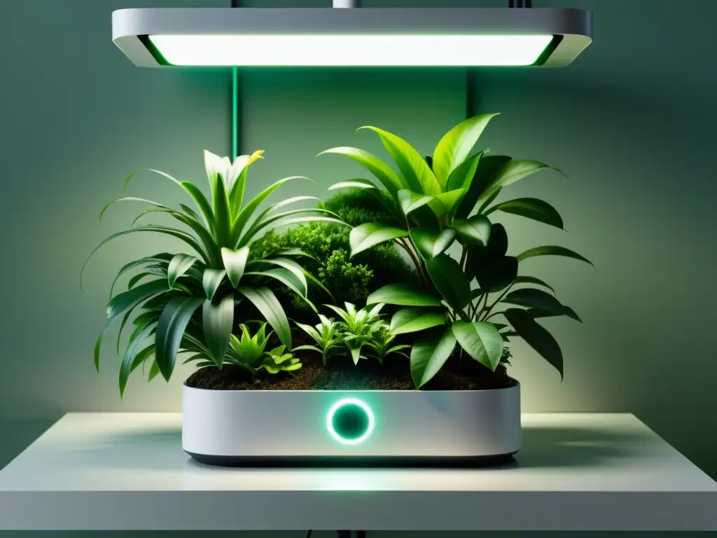 Sistema de cuidado de plantas interior con inteligencia artificial y diseño moderno