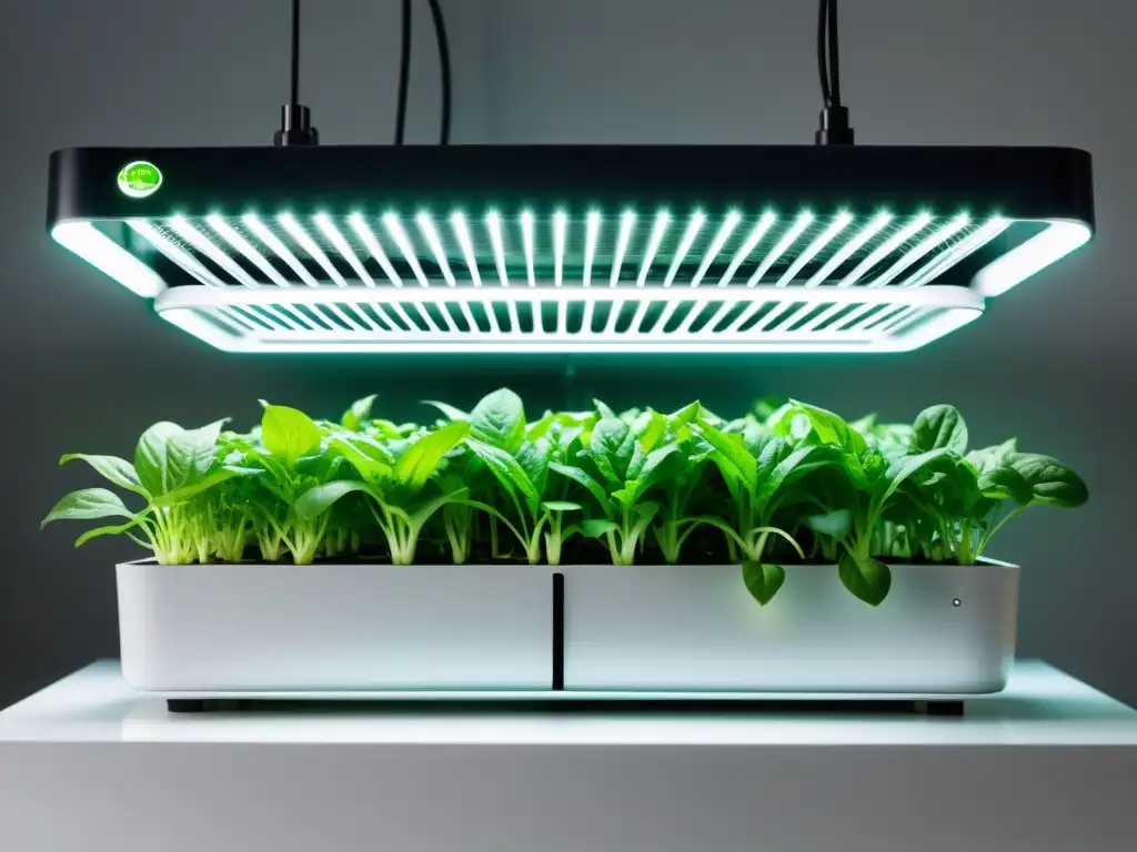 Un sistema de cultivo hidropónico interior moderno y sostenible con verduras vibrantes bajo iluminación LED cálida