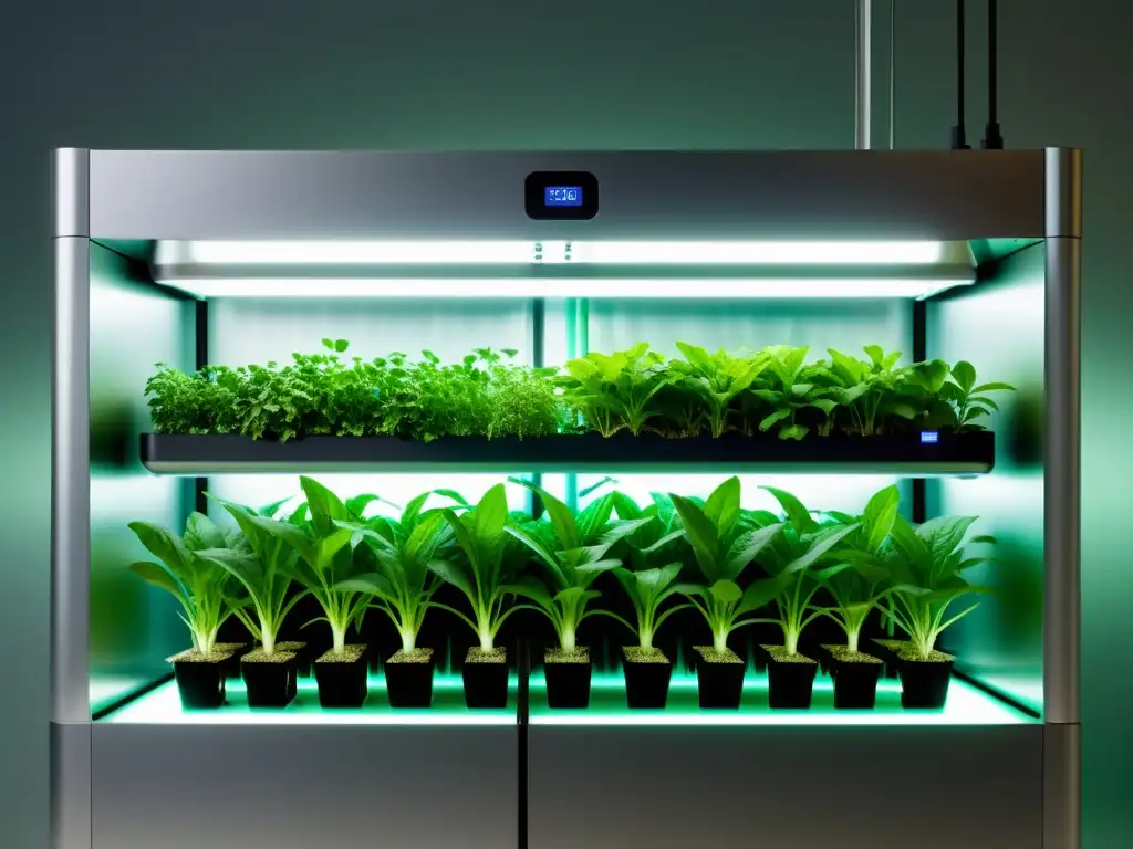 Un sistema de cultivo interior aeropónico futurista y minimalista con plantas exuberantes suspendidas en la neblina de nutrientes