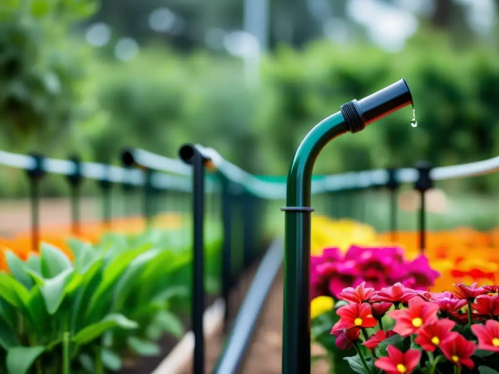 Un sistema eficiente de riego para plantas comunitarias se destaca en un jardín exuberante, nutriendo la vida vegetal