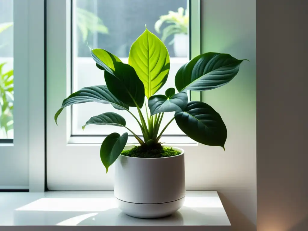 Sistema de fertilización controlada para plantas en un ambiente minimalista con una exuberante planta de interior en maceta blanca