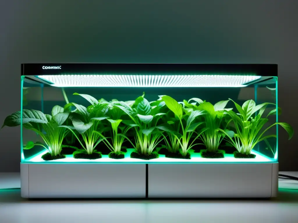 Un sistema de hidroponía en casa con plantas de interior, agua cristalina y luces LED, proyectando una atmósfera serena y moderna