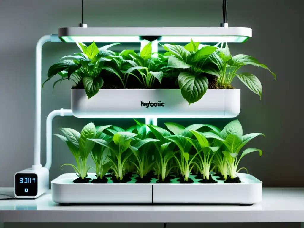 Un sistema de hidroponía de interiores de diseño sofisticado, con plantas verdes vibrantes y un sistema de riego preciso