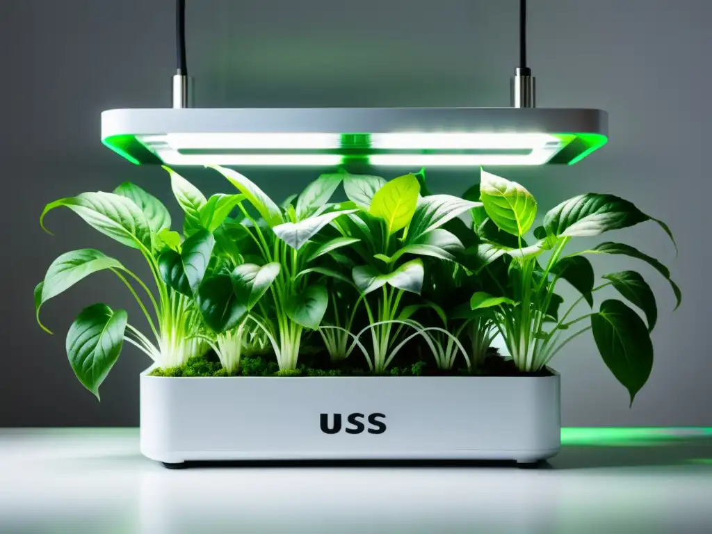 Montar sistema hidroponía plantas interior: un sistema hidropónico moderno y elegante con plantas exuberantes en un ambiente futurista y sostenible