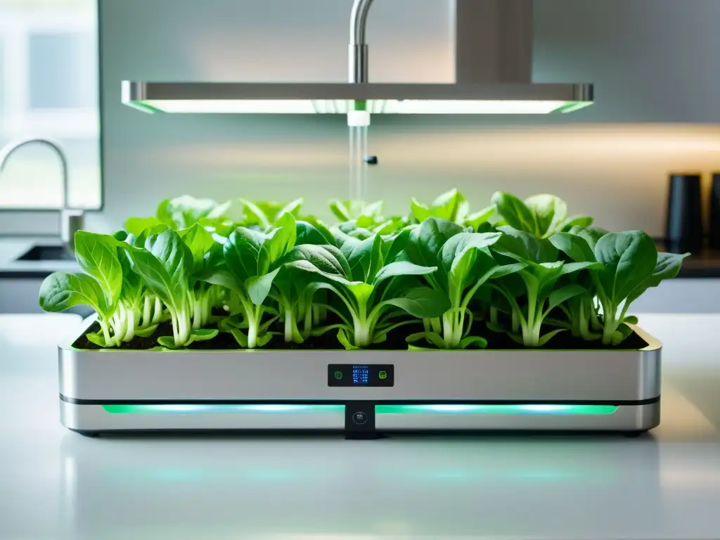 Construir sistema hidropónico casero en cocina moderna con diseño minimalista y plantas vibrantes