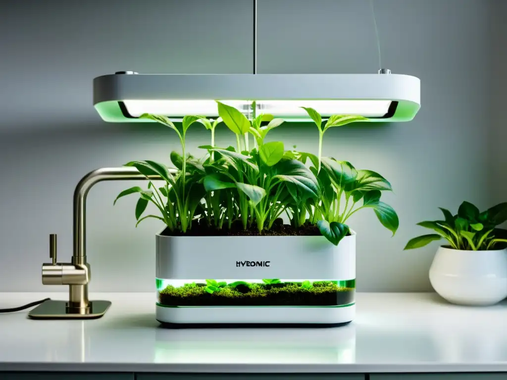 Construir sistema hidropónico casero con diseño minimalista y plantas verdes en un moderno entorno blanco