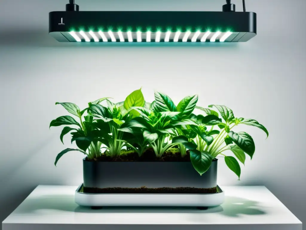 Construir sistema hidropónico casero: Un elegante sistema hidropónico en un entorno minimalista, con plantas vibrantes en agua