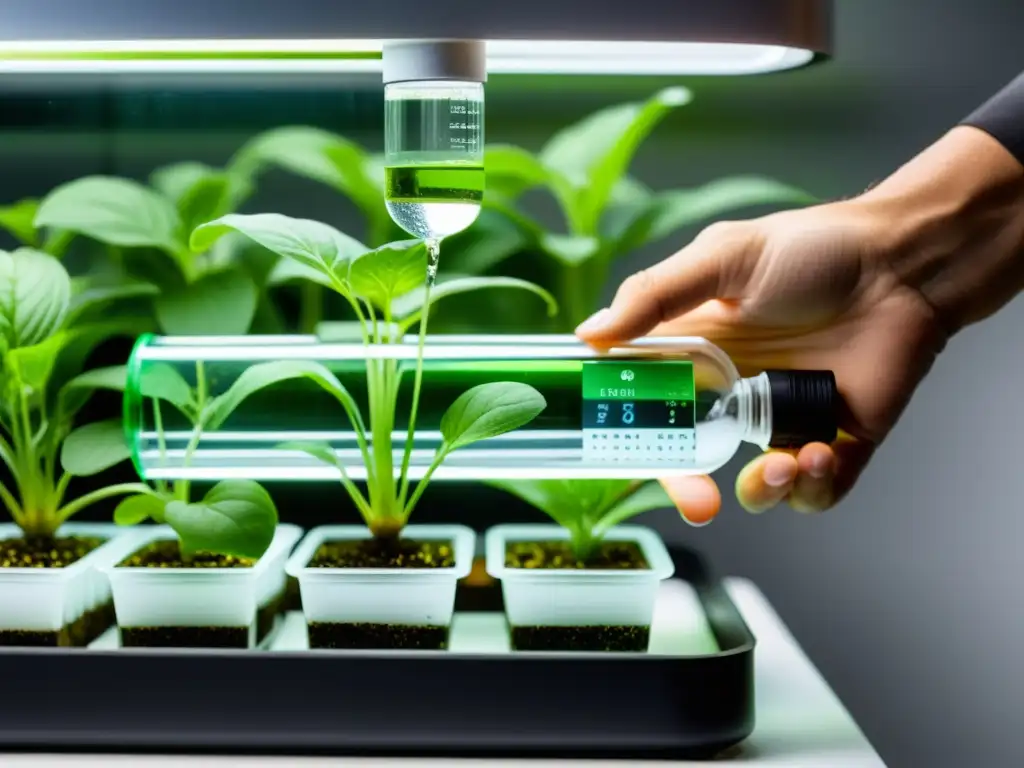 Construir sistema hidropónico casero: mano ajustando niveles de agua y nutrientes en sistema moderno de cristal y metal