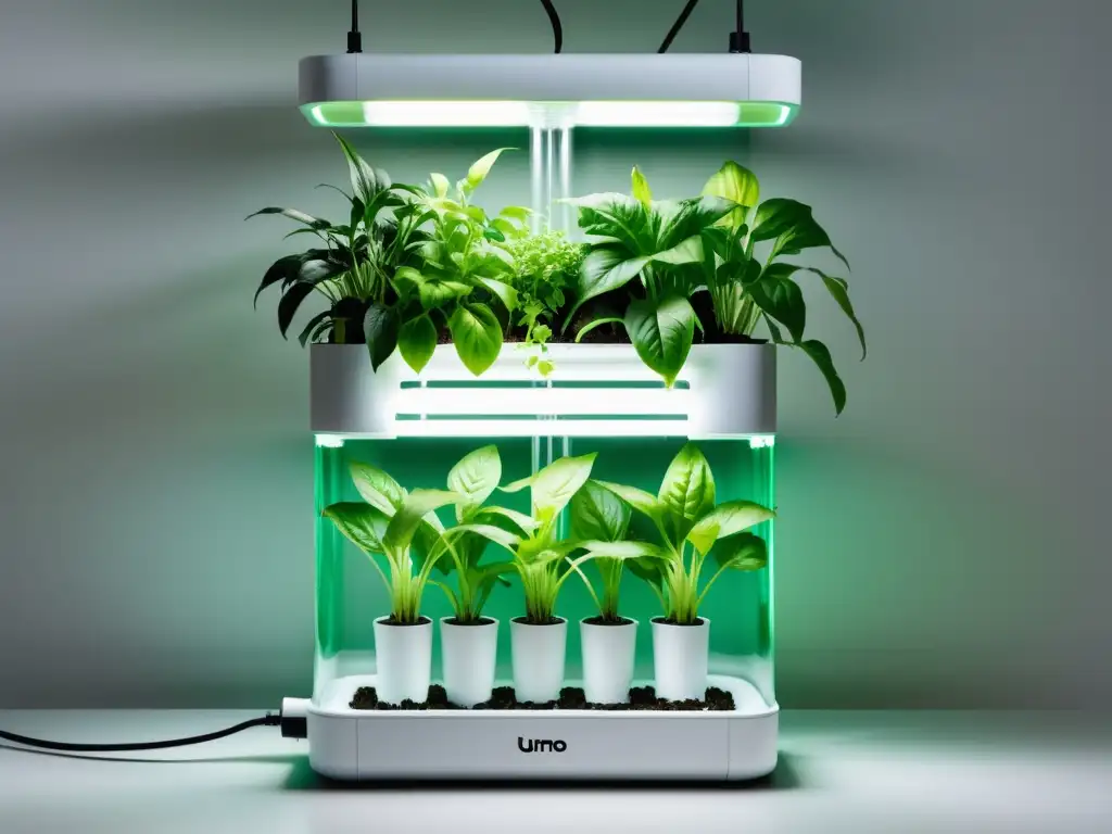 Construir sistema hidropónico casero: Sistema hidropónico DIY con plantas exuberantes en tubos de PVC transparentes, iluminado suavemente por LED