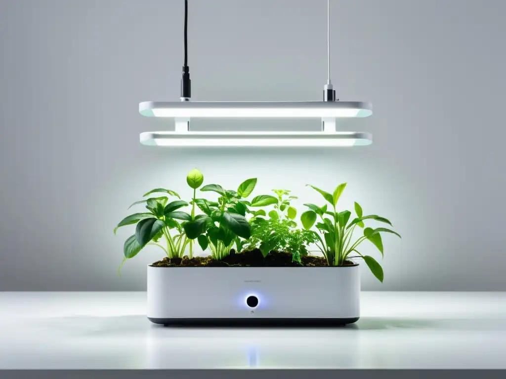 Un sistema hidropónico futurista minimalista para plantas de interior, con diseño geométrico y luces LED integradas, en un ambiente moderno y limpio