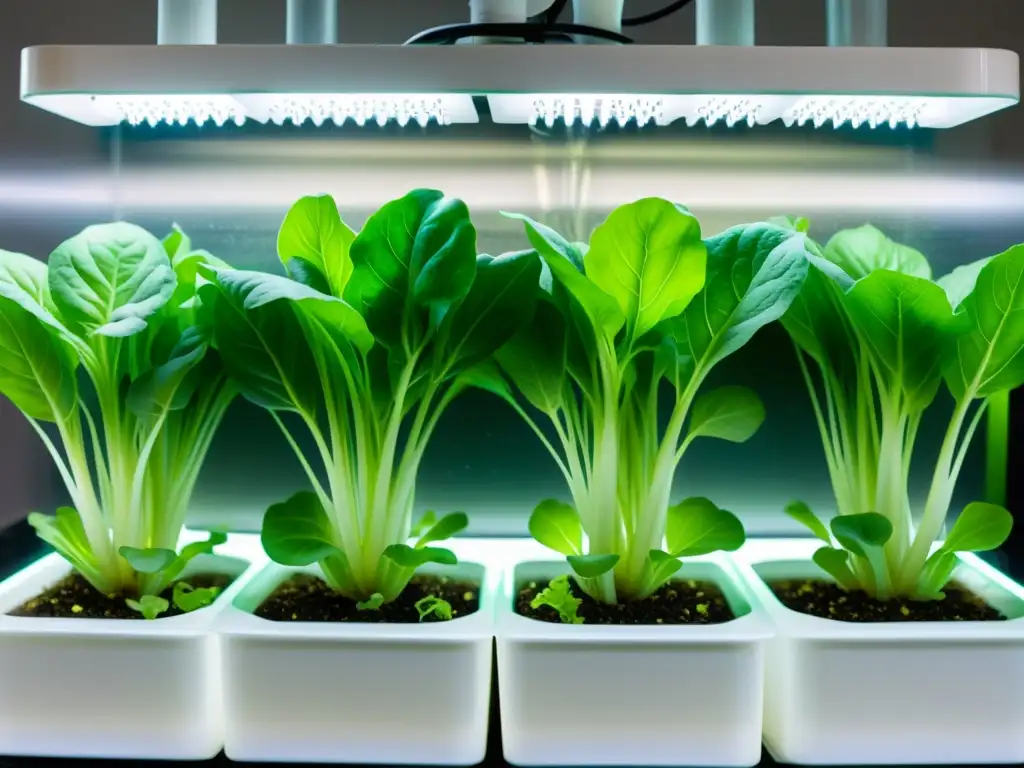 Un sistema hidropónico interior perfectamente cuidado con plantas de lechuga exuberantes, raíces blancas saludables y una estética moderna y tranquila