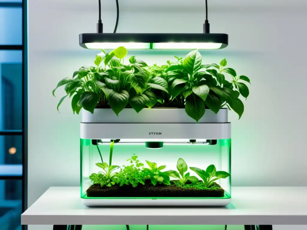 Sistema hidropónico interior con plantas exuberantes en agua clara