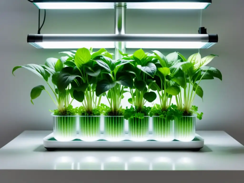 Un sistema hidropónico interior con tubos transparentes, plantas vibrantes y fondo blanco