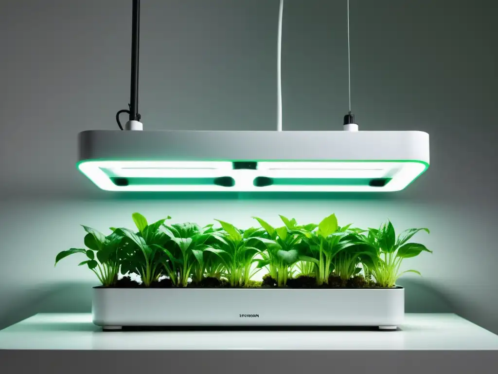 Un sistema hidropónico moderno en interior con plantas verdes vibrantes prosperando en clima ideal para plantas de interior