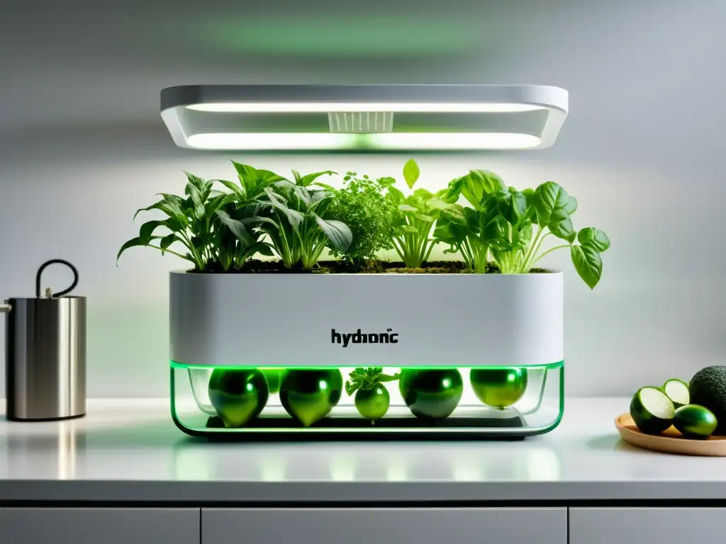 Un sistema hidropónico moderno y minimalista con hierbas y vegetales vibrantes, crea una atmósfera futurista y calmada