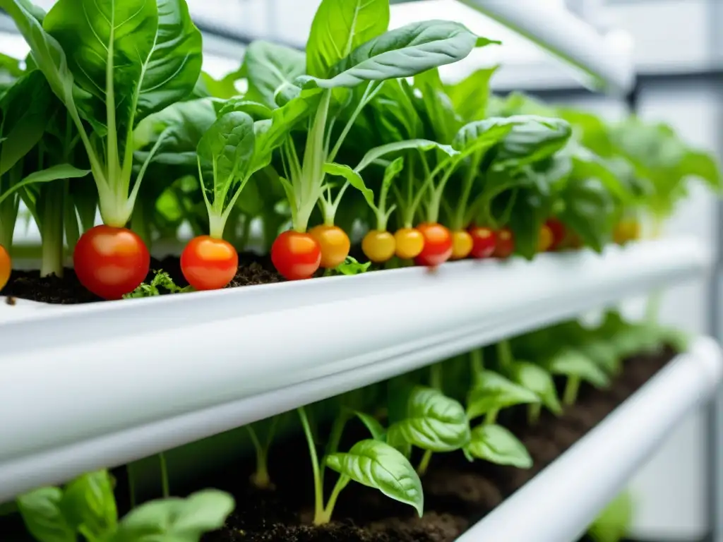 Monta un sistema hidropónico para plantas de interior moderno y vibrante, con lechuga, albahaca y tomates cherry en contenedores blancos