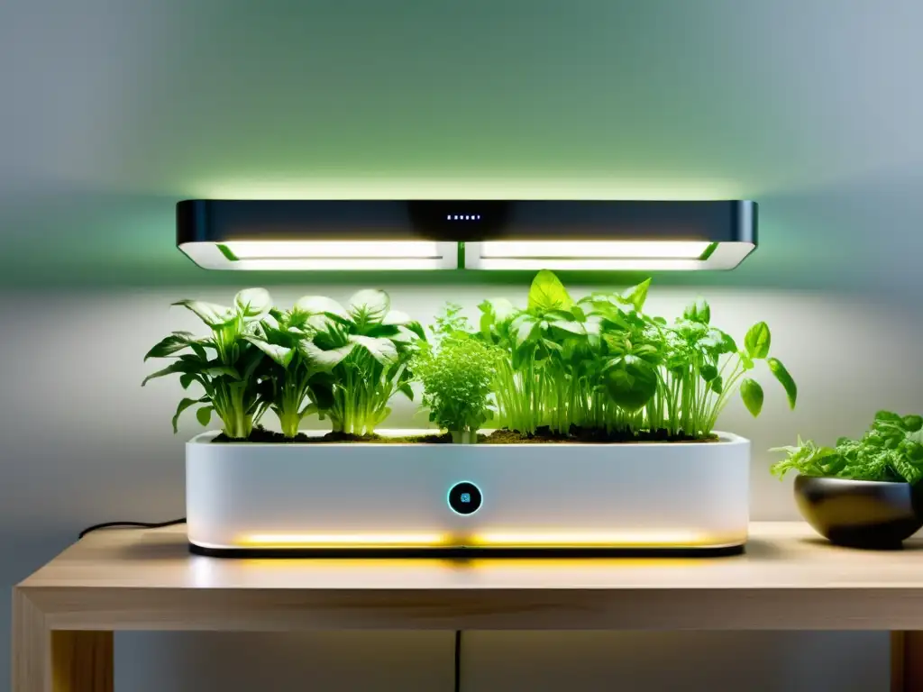 Sistema hidropónico para plantas de interior: diseño minimalista con luces LED modernas y plantas verdes vibrantes en cocina contemporánea