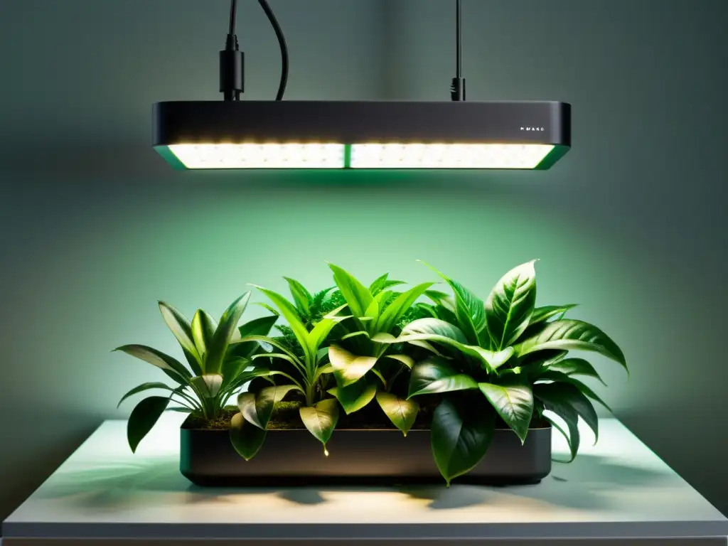 Un sistema de iluminación LED para plantas de interior ilumina un exuberante jardín interior, creando un ambiente moderno y natural