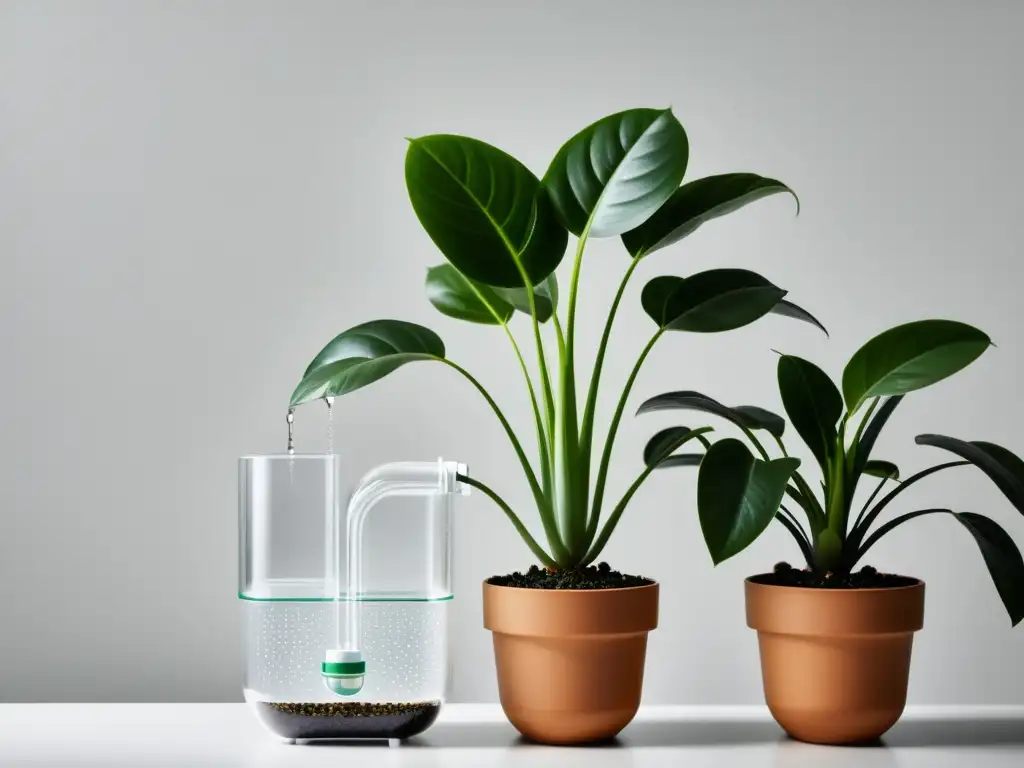 Un sistema de riego eficiente para plantas de interior con diseño minimalista y gotas de agua, mostrando su eficacia