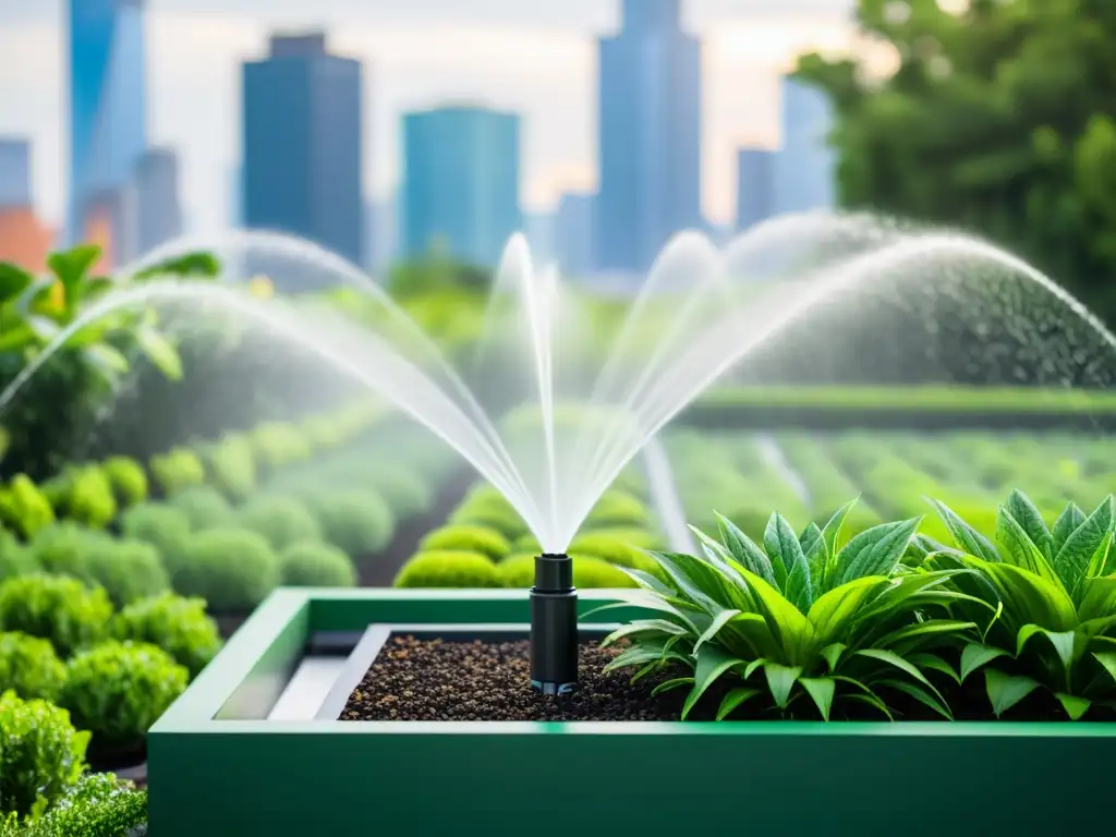 Sistema de riego inteligente en jardín urbano Un sistema de riego inteligente se integra perfectamente en un exuberante jardín en la azotea de la ciudad