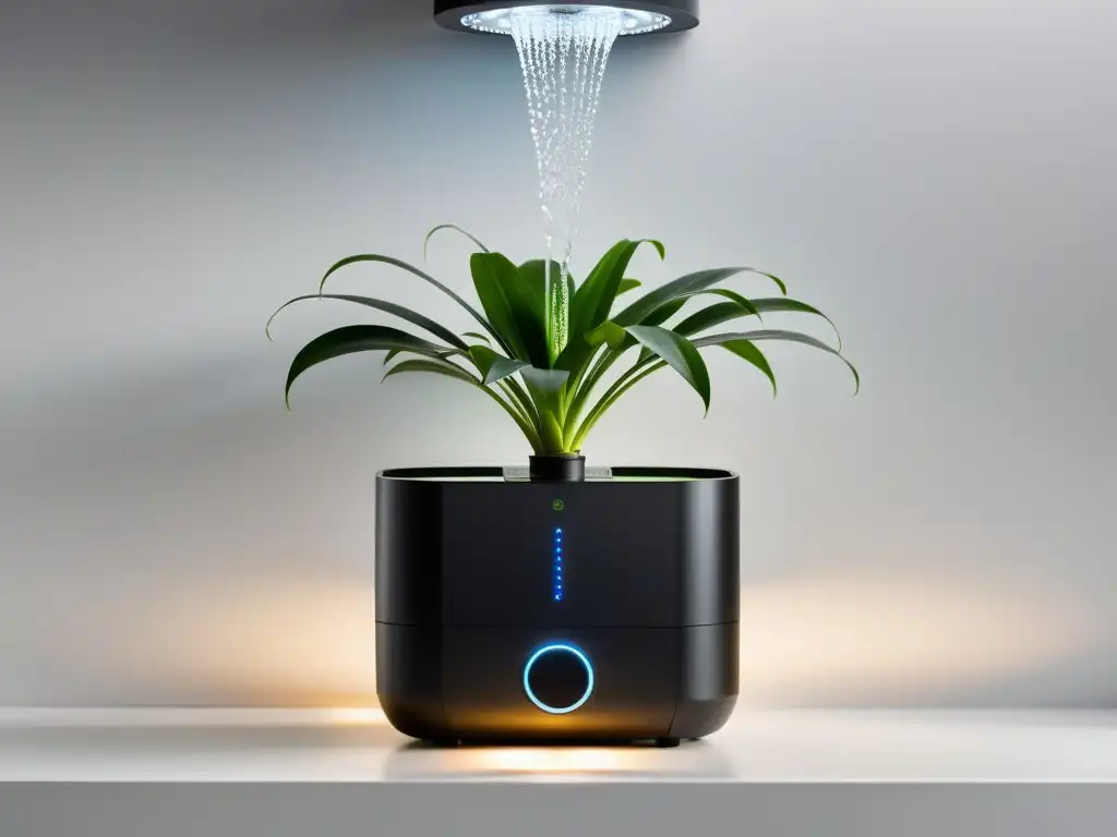 Sistema de riego interior elegante y eficiente Un sistema de riego inteligente para plantas de interior, moderno y elegante, con detalles ultradetallados y una estética limpia