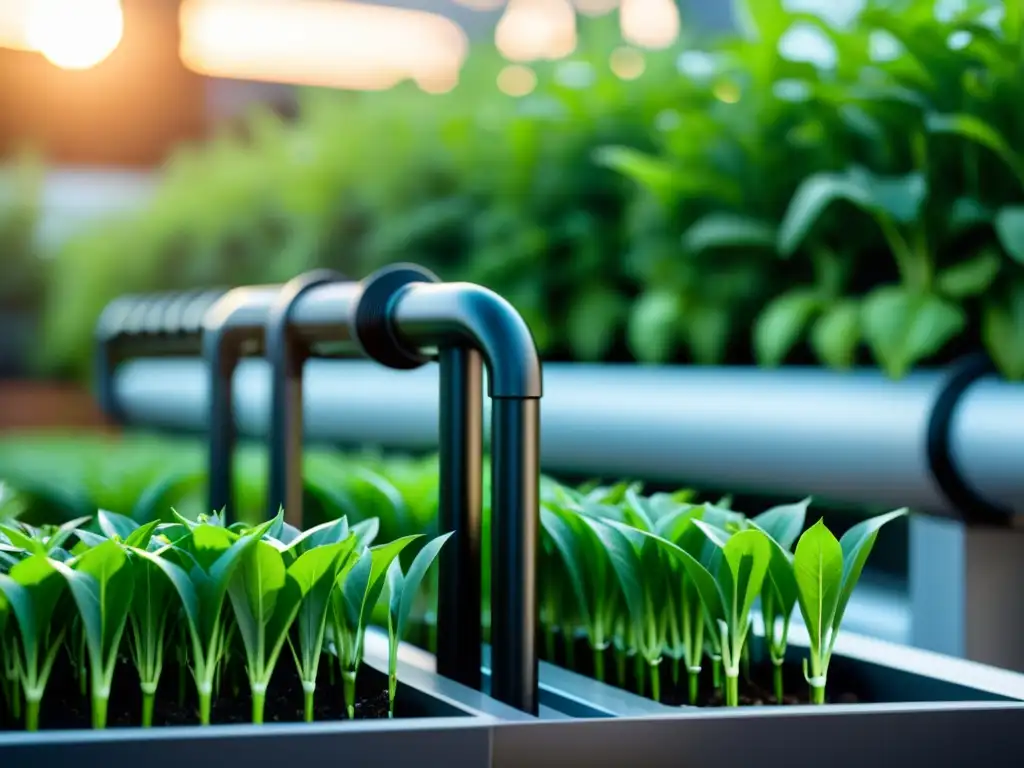 Sistema de riego inteligente en jardín de techo verde Sistema de riego inteligente para plantas de interior en jardín de azotea, armonía entre naturaleza e innovación