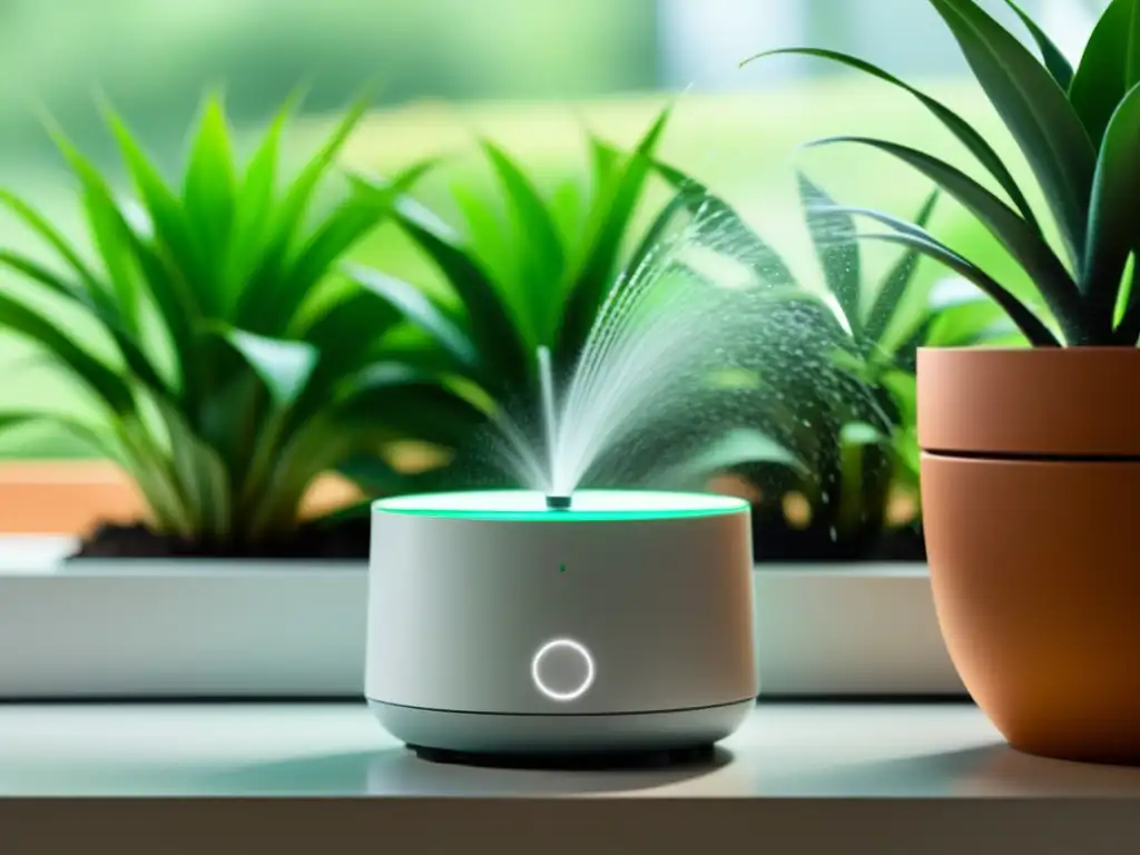 Un sistema de riego inteligente para plantas de interior, integrado en una maceta moderna y elegante, fusionando tecnología y diseño