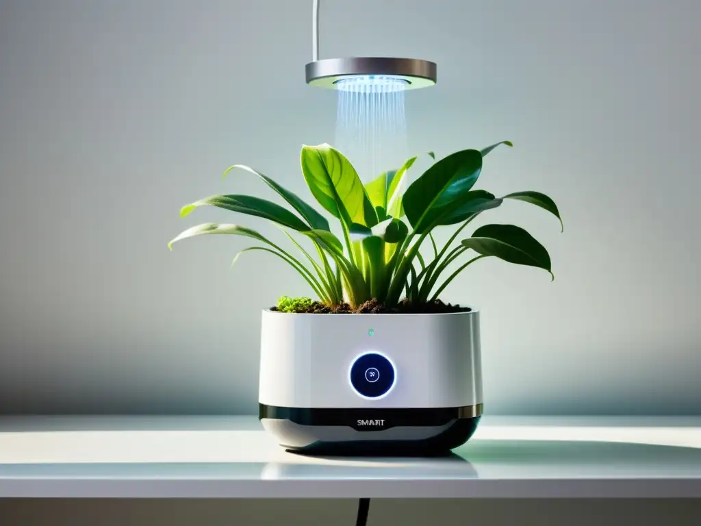 Un sistema de riego inteligente para plantas de interior, elegante y futurista, con diseño moderno y tecnología avanzada