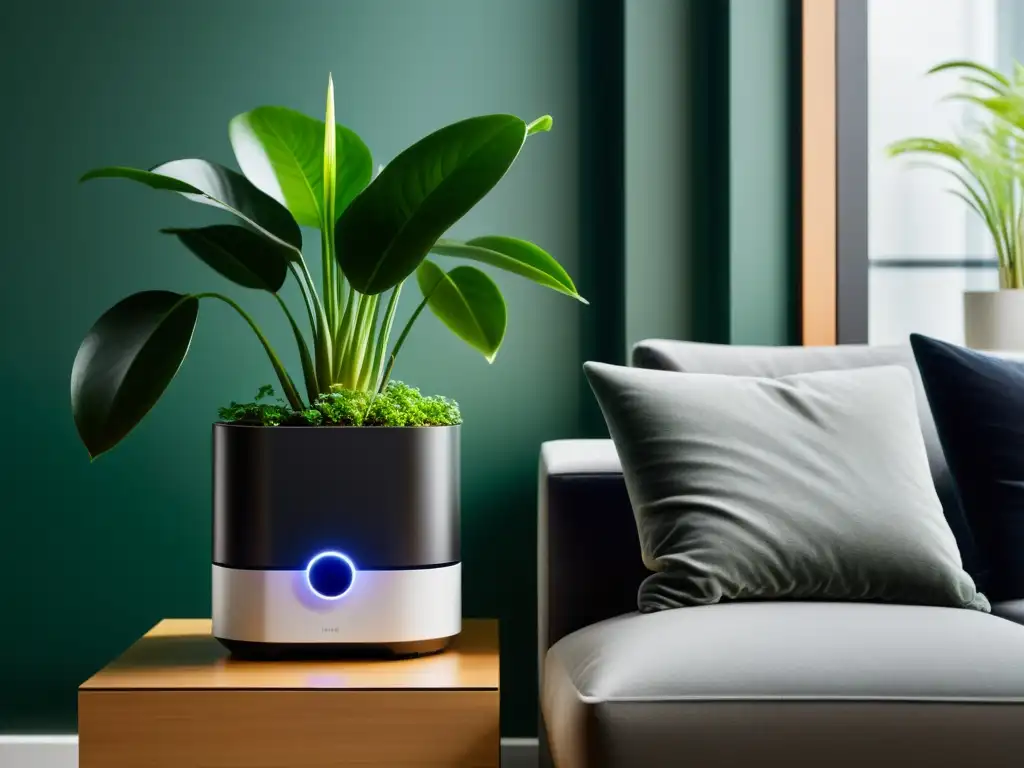 Sistema de riego automático para plantas de interior: moderno y minimalista Un sistema de riego inteligente para plantas de interior en un moderno salón, con líneas limpias y cuidado de plantas sin esfuerzo