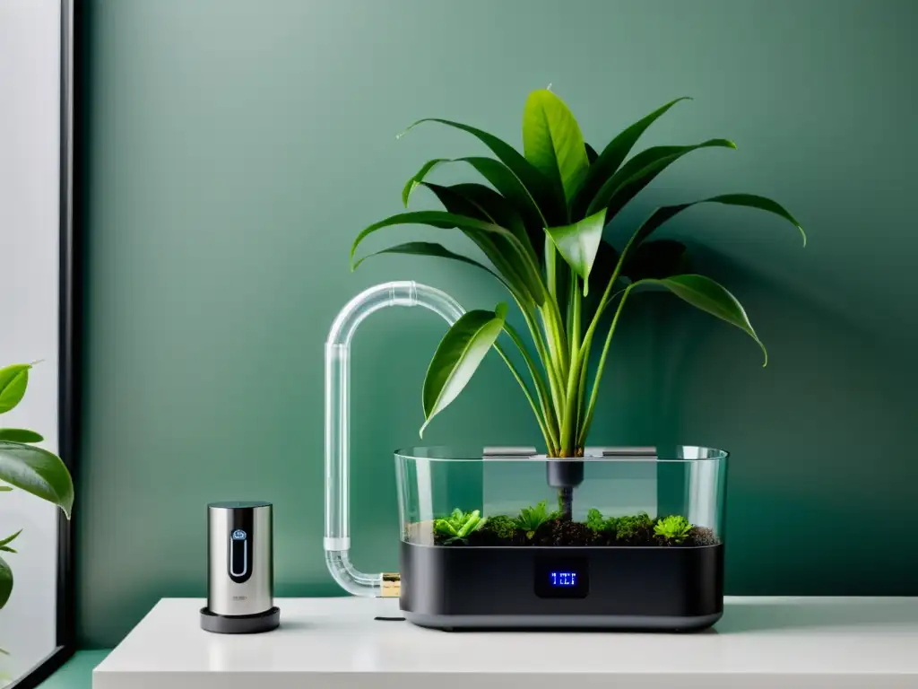 Un sistema de riego para plantas de interior con diseño minimalista, pantalla digital y alertas personalizables