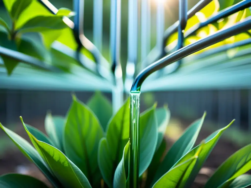 Sistema de riego sostenible en huerto urbano, con redes de tubos transparentes que nutren las plantas vibrantes