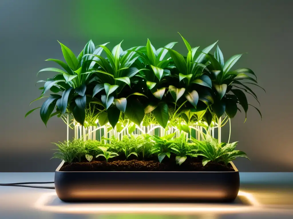 Un sistema de riego subterráneo para plantas de interior, nutriendo raíces vibrantes en un entorno moderno y luminoso