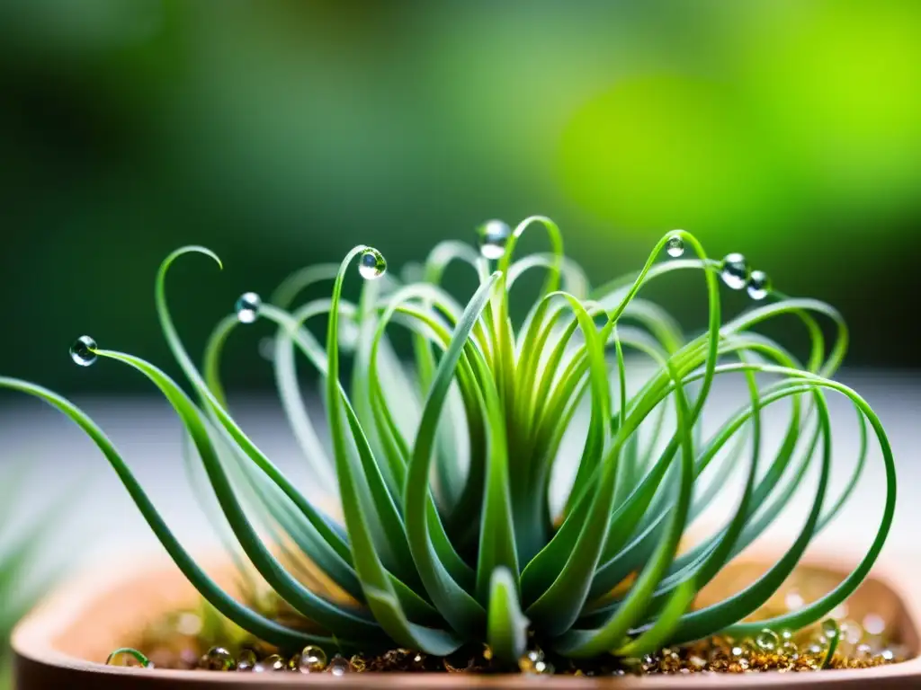 Un sistema de nebulización sofisticado rocía finas gotas de agua sobre plantas aéreas, creando un ambiente sereno y vibrante