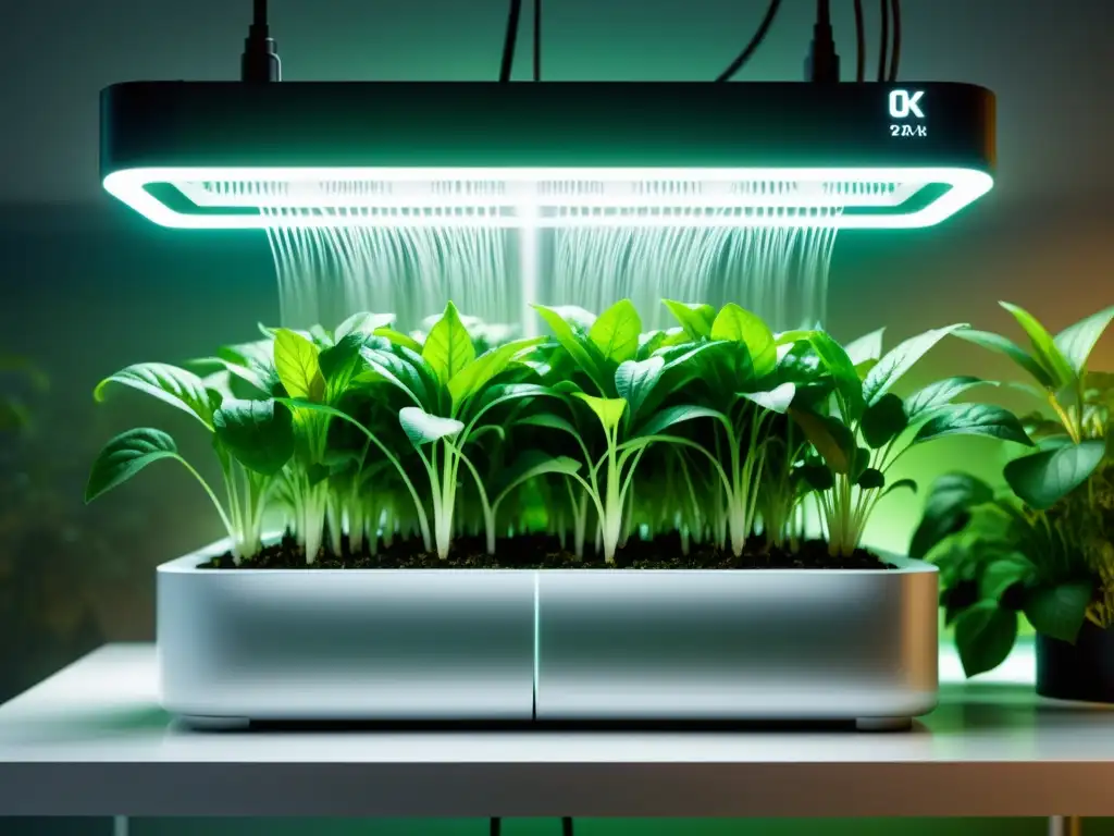 Sistemas aeropónicos para plantas de interior: Imagen 8k de un sistema aeropónico futurista en un ambiente tranquilo, iluminado por luz natural