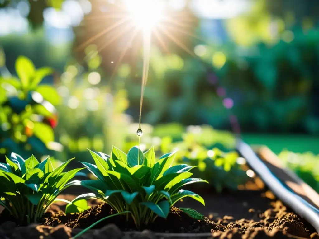 Sistemas eficientes de riego en una hermosa huerta comunitaria, con tuberías y emisores distribuyendo agua a las plantas vibrantes bajo la luz del sol