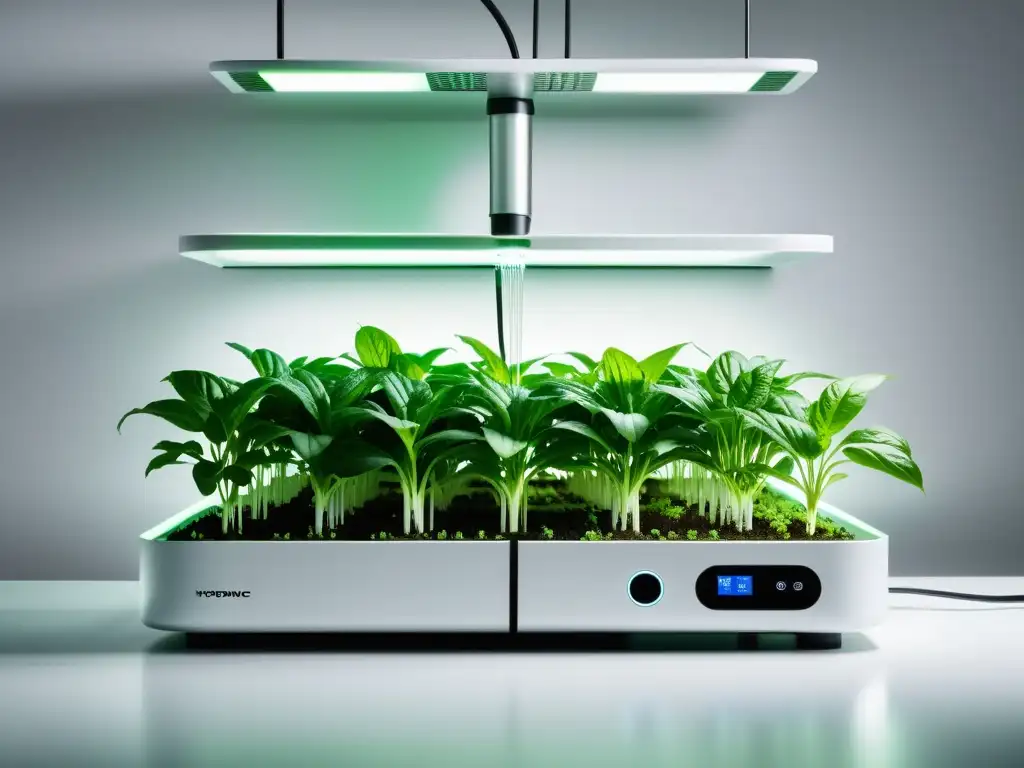 Sistema hidropónico automatizado: eficiencia y sofisticación Sistemas de riego automático para hidroponía: Imagen minimalista de un sistema hidropónico con diseño futurista y eficiencia tecnológica