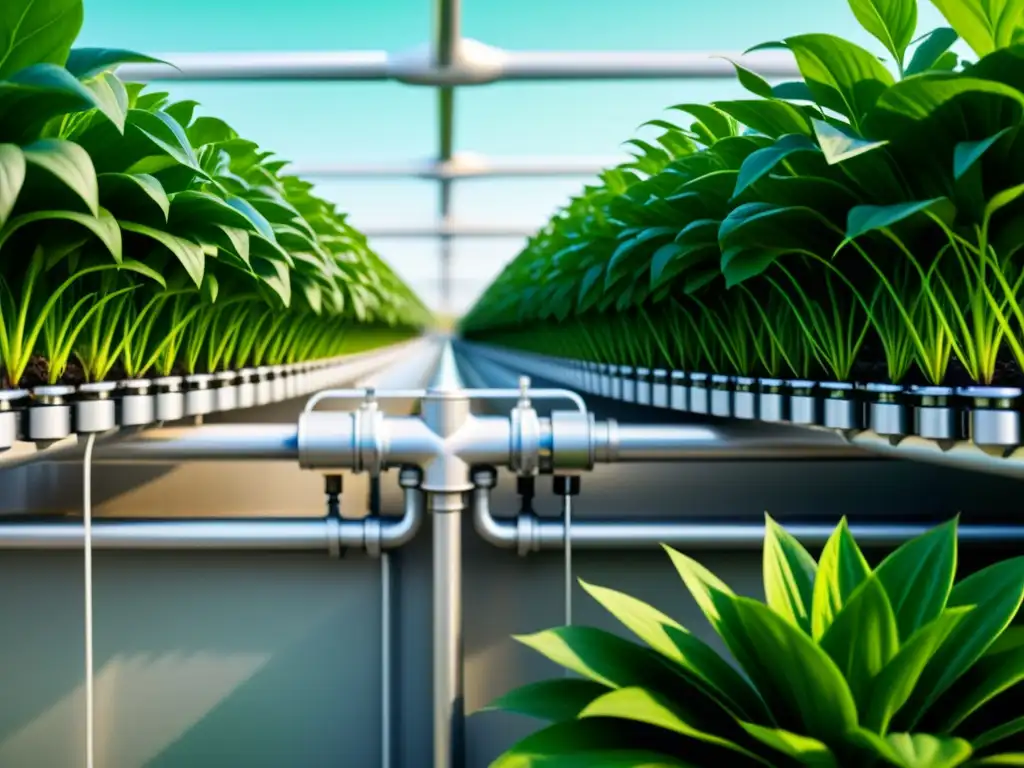 Sistema de riego automático de alta precisión en cultivo hidropónico Sistemas de riego automático para hidroponía: Detalle ultradetallado de moderno sistema de riego automático entre plantas verdes vibrantes