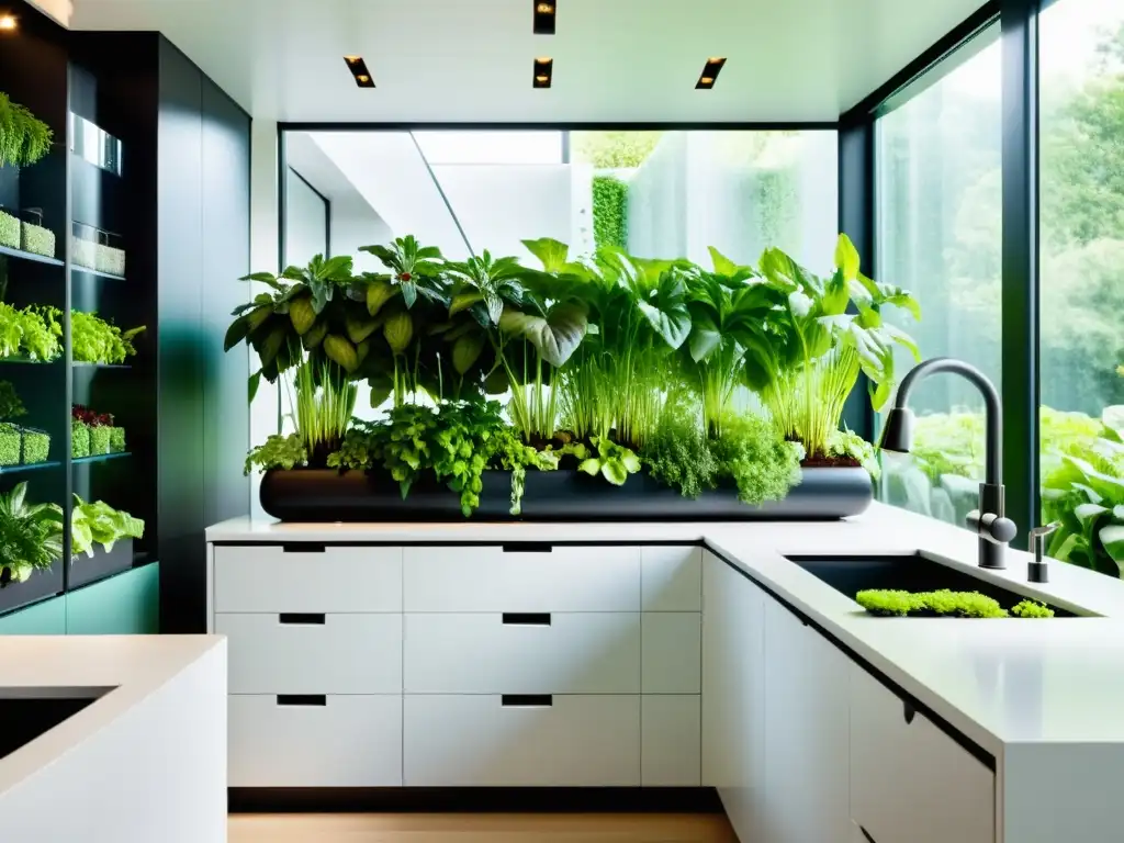 Huerto hidropónico vibrante en casa moderna Sistemas de riego automático para hidroponía en un jardín vibrante y moderno, con verduras y hierbas en un hogar minimalista y tranquilo