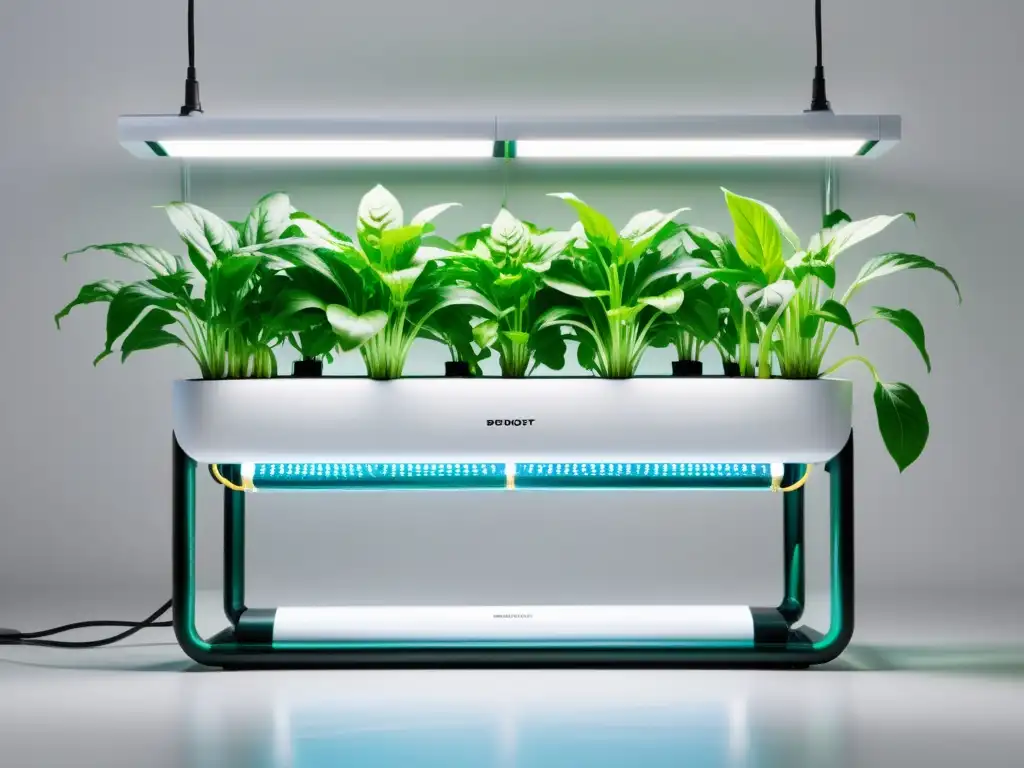 Sistema hidropónico moderno: plantas saludables en ambiente minimalista Sistemas de riego automático para hidroponía: Moderno sistema hidropónico con luces LED blancas y plantas saludables en tubos transparentes